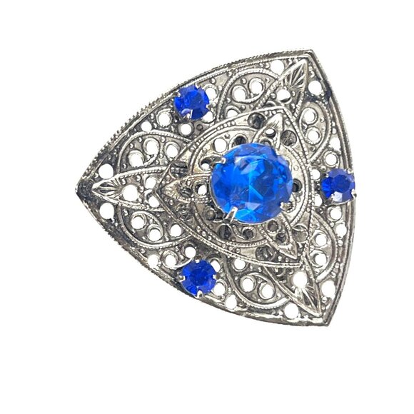 Vintage Silver-Tone Filigree Triangle Brooch With Blue Rhinestones - Picture 5 of 6
